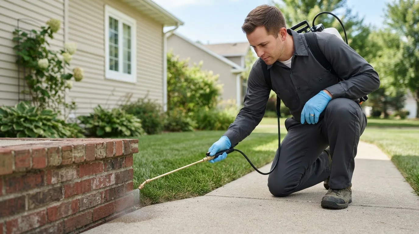 Pest control technician treating a home near Eagle Springs, NC